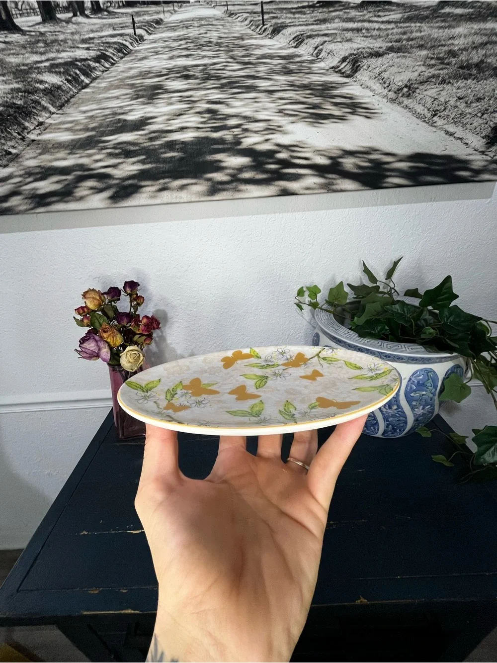 Butterfly Flowers Trinket Ring Jewelry Soap Dish Made in Portugal Cottagecore